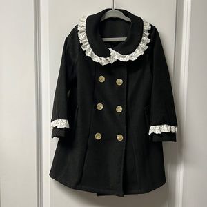 toddler girls pea coat, black with white lace Peter Pan collar and cuffs
